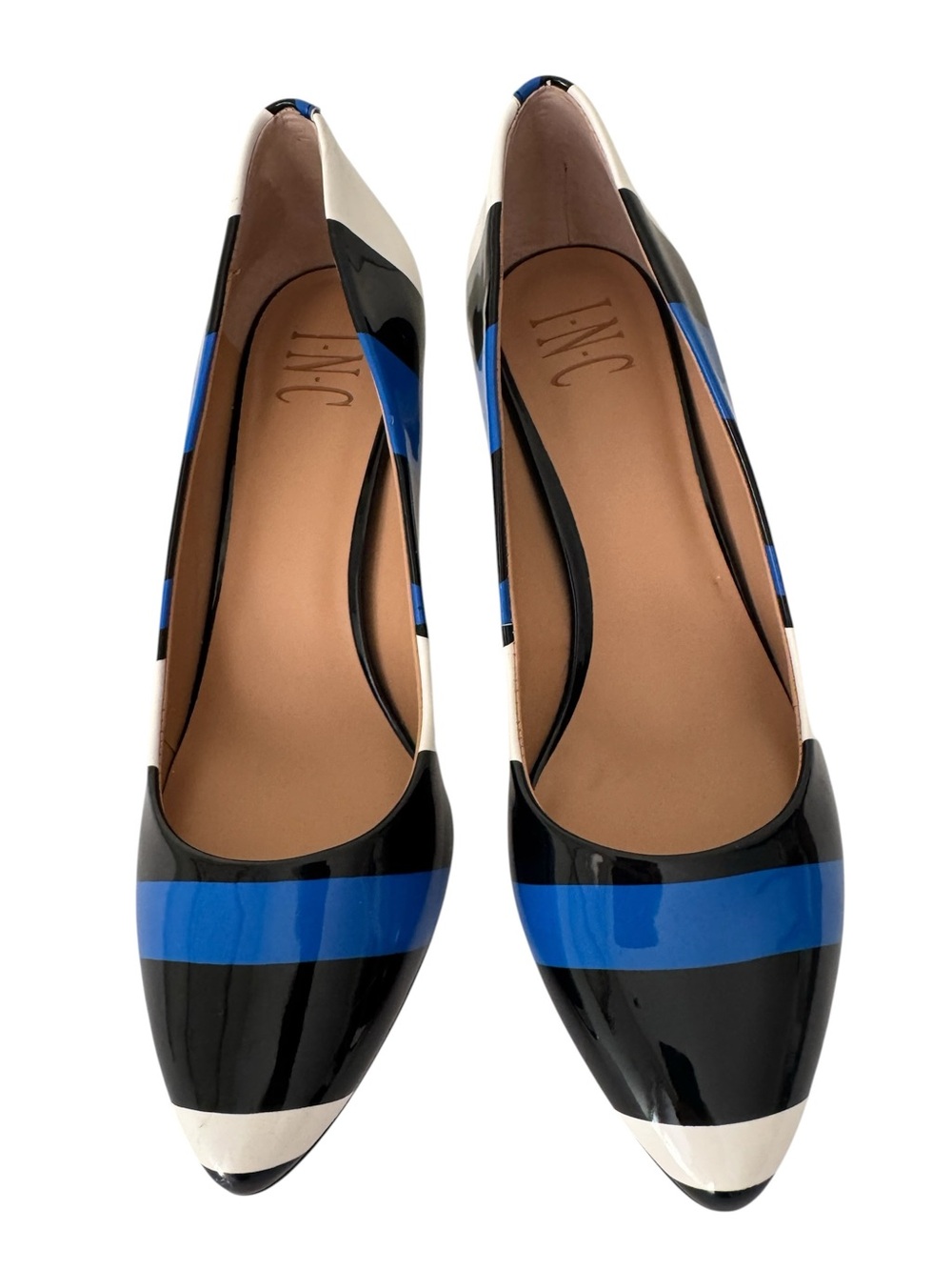 INC International Concepts Zitah Blue Black and White Patent Pointed-Toe Pumps - Picture 2 of 4